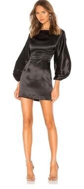 h:ours Dress Womens Size S Black Satin Mini Puff Balloon Sleeve Ruched Waist Zip